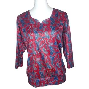 🦋Frayne Vintage Burgundy & Teal Blue 70's Sweetheart Neckline Paisley Print Top
